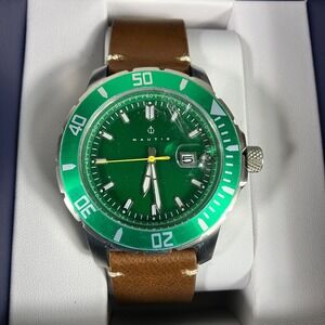 Nautis Dive Pro 200 Brown Leather Band Watch w/Date - Green Dial